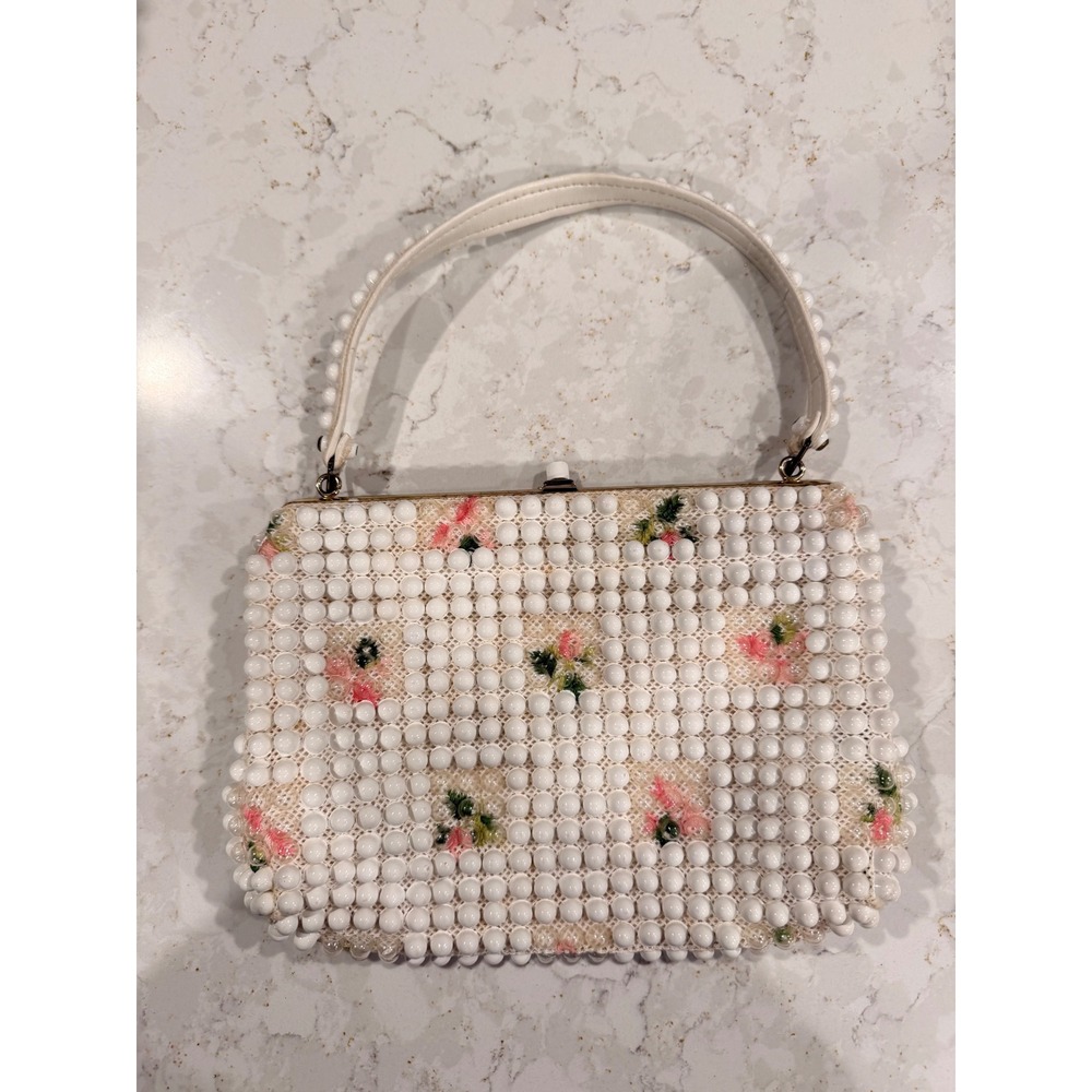 Vintage 50s-60s White Beaded Floral Embroidered Top Handle Evening Bag Kiss Lock